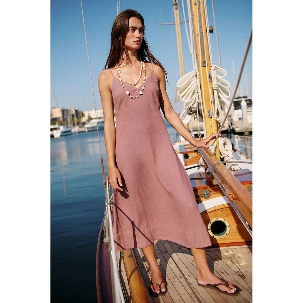 Free People Free Est Emmers Linen Midi Slip Dress Sleeveless Beach M  285838